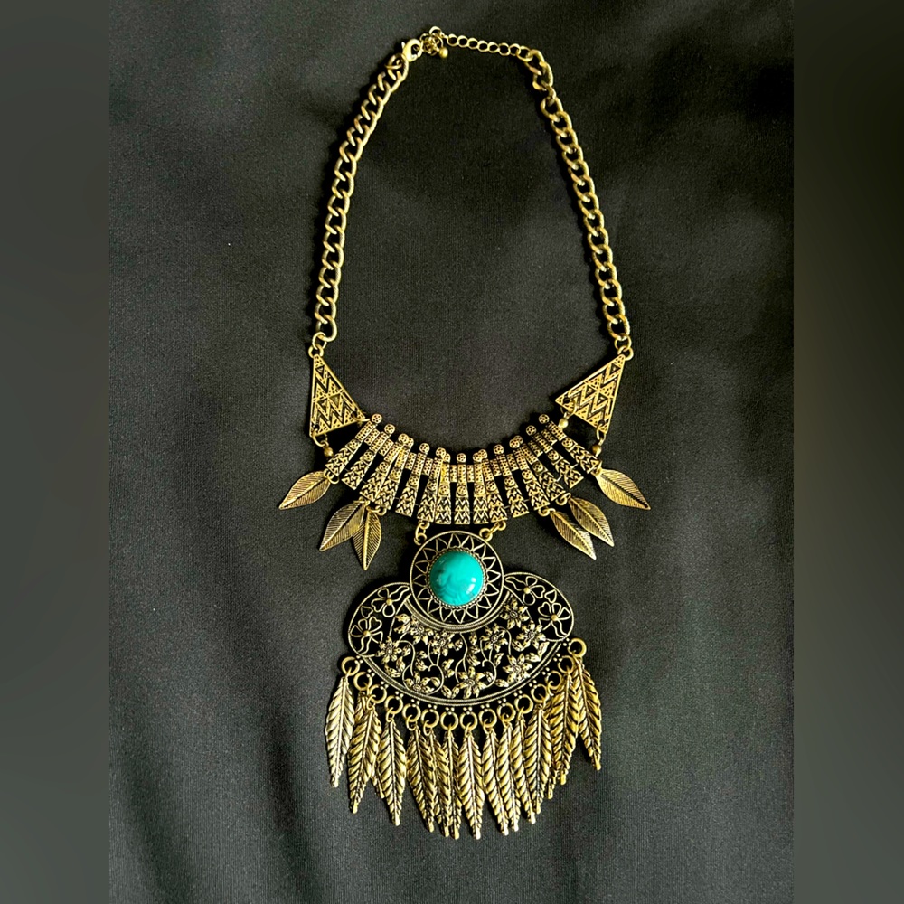 Brass color native Indian/ hippie choker with large turquoise imitation stone